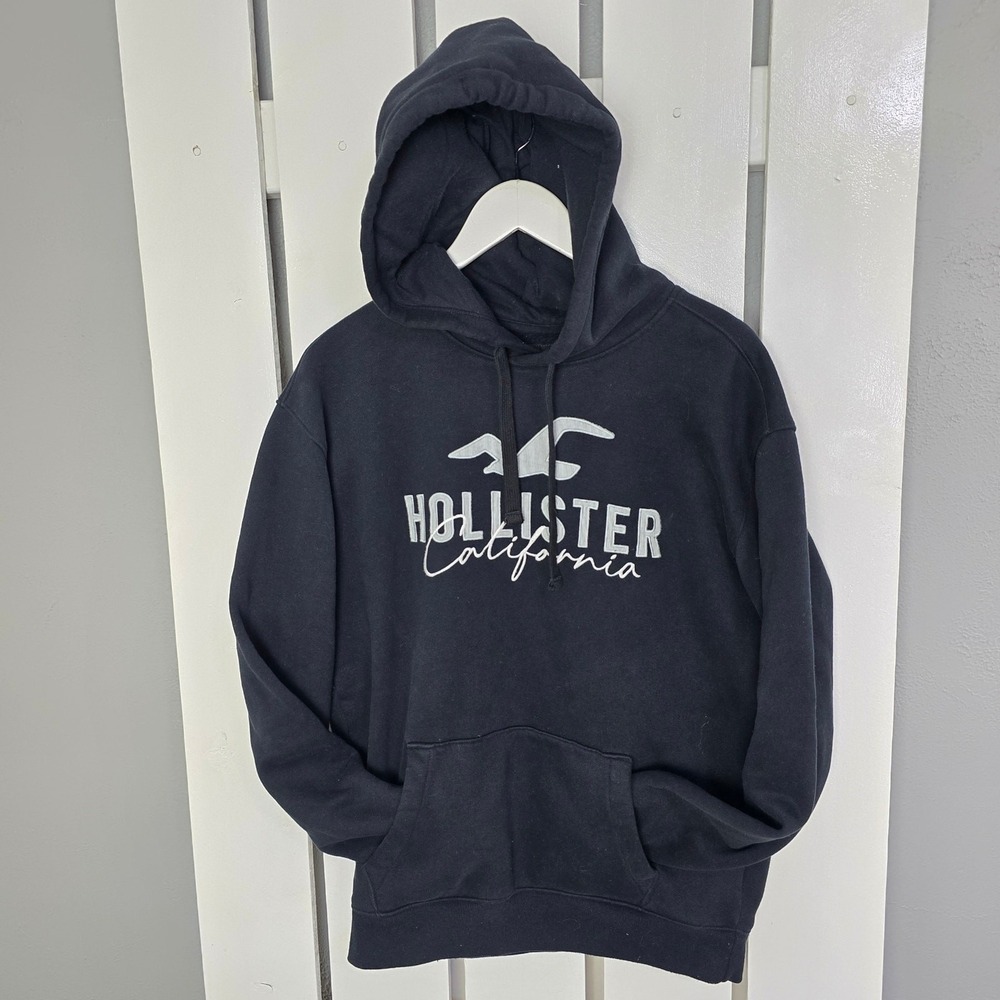 Hollister‎ Men's Y2K Spellout Hoodie Sweatershirt Medium Black Coastal Beach
